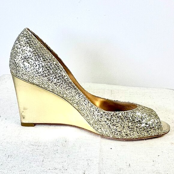 Badgley Mischka Gold Glitter Wedge Heels Size 7 1/2 - Picture 13 of 16
